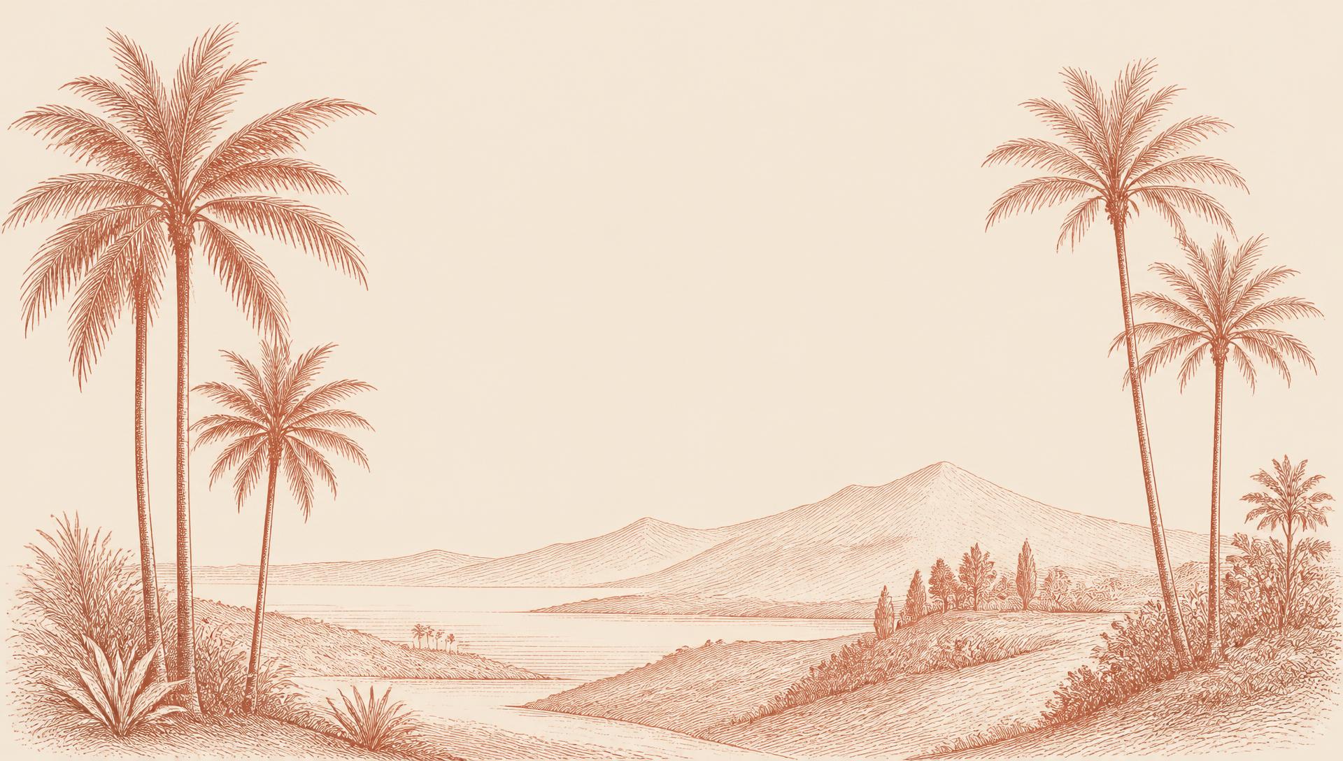 Fine line drawing of palm trees and hills on Mallorca